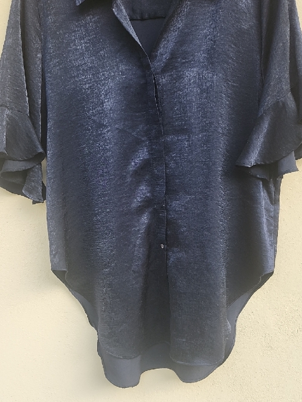 Misa Los Angeles Black Satin Shirt With Flight Sleeves and Asymmetry - Picture 6 of 11